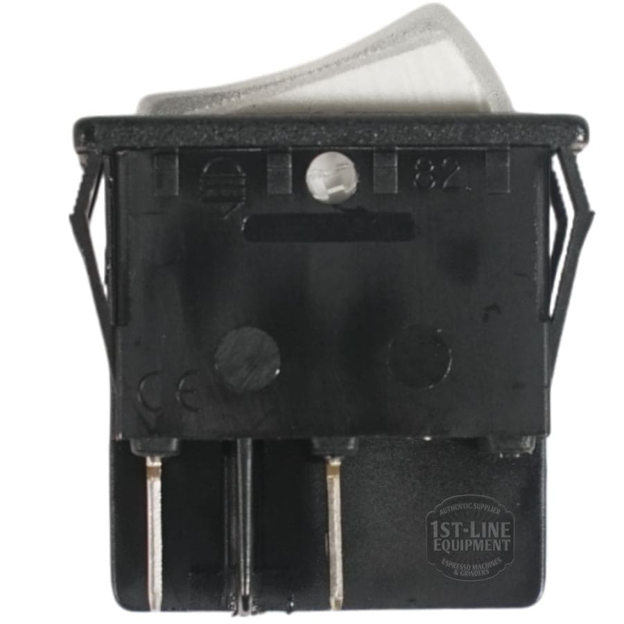A close-up of the Ponte Vecchio Power Switch 1050-I3616, black with two metal prongs at the bottom, viewed from the back, featuring a white toggle on top and markings on its plastic surface. © 2025 1st-line.com