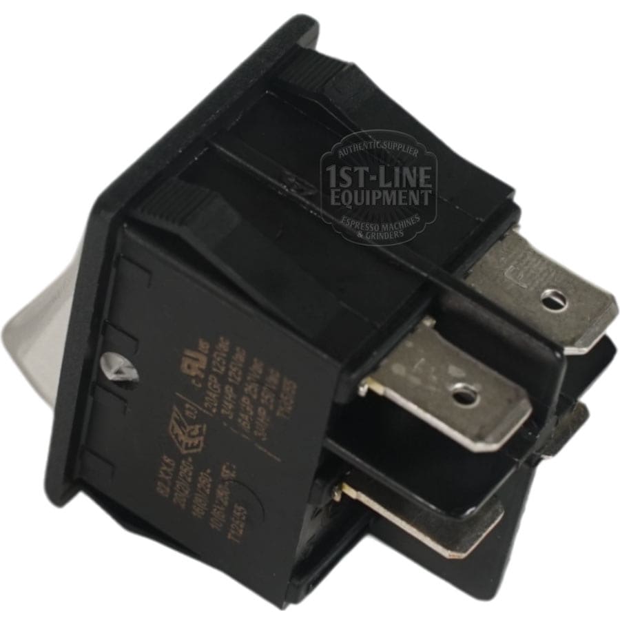 A close-up of the Ponte Vecchio Power Switch 1050-I3616 in black, featuring three metal prongs for wiring, shown angled on a white background. © 2025 1st-line.com