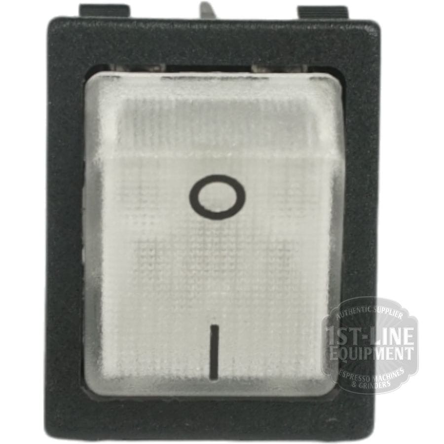 A close-up of the Ponte Vecchio Power Switch 1050-I3616 with a translucent top shows the on (|) and off (O) symbols. The rectangular switch is set in a black frame, featuring 1st-Line Equipment branding in the lower right corner. © 2025 1st-line.com