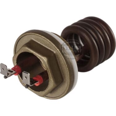 A close-up of the Torre RESI0007 1100W 110V steam boiler heating element, featuring coiled wires and two connectors, commonly used in espresso machines or compact appliances. © 2025 1st-line.com