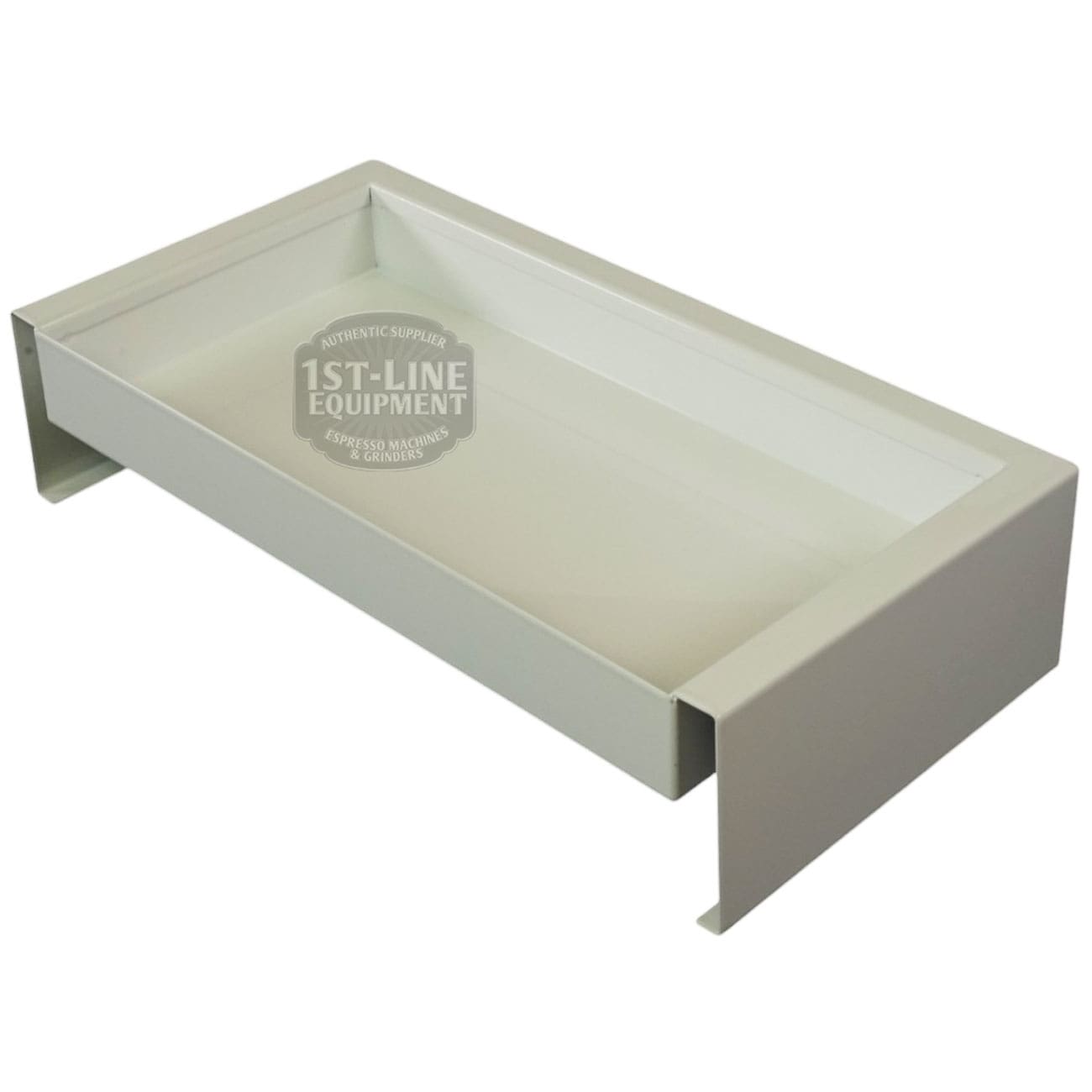 A rectangular, metallic knock box with raised sides and an open front features a shiny white finish and industrial look—an ideal match for the Torre T02BAC001B Peppina Shiny White Drip Tray. © 2025 1st-line.com