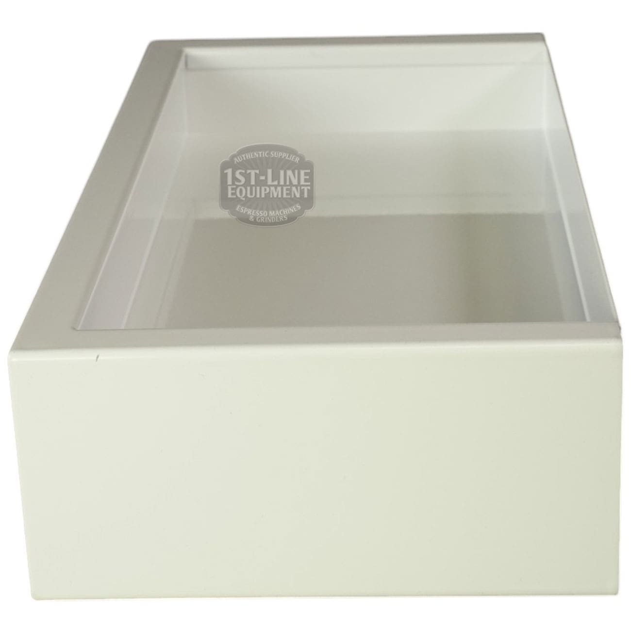 A rectangular white plastic Torre T02BAC001B Peppina Shiny White Drip Tray with a transparent lid is shown from the front. The lid displays a circular 1st-Line Equipment sticker, and the box appears empty. © 2025 1st-line.com