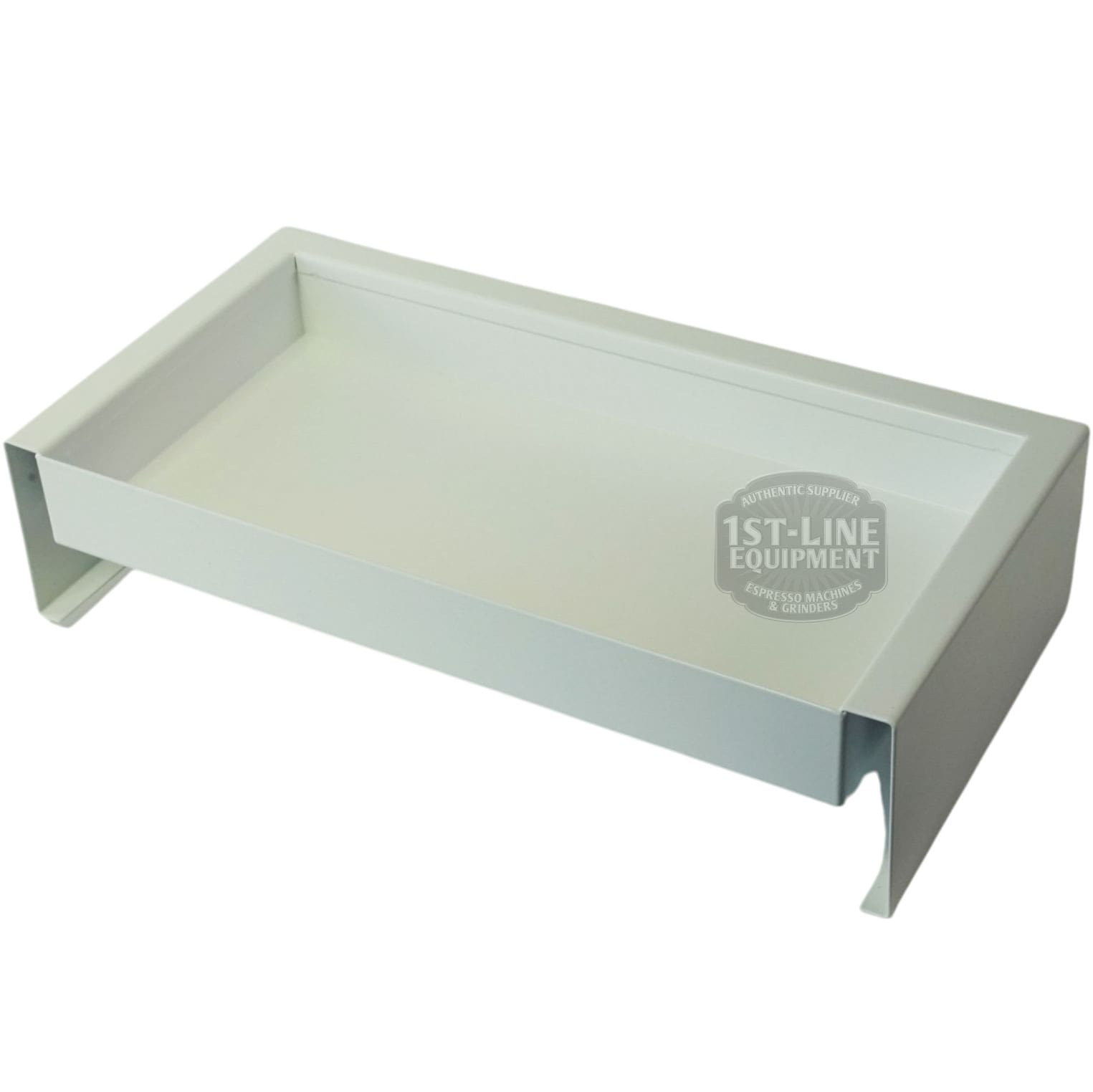 A Torre T02BAC001BS Peppina Matte White Drip Tray T02 with raised edges and two open sides rests on a plain background, featuring the partially visible 1st-Line Equipment logo on its surface. © 2025 1st-line.com
