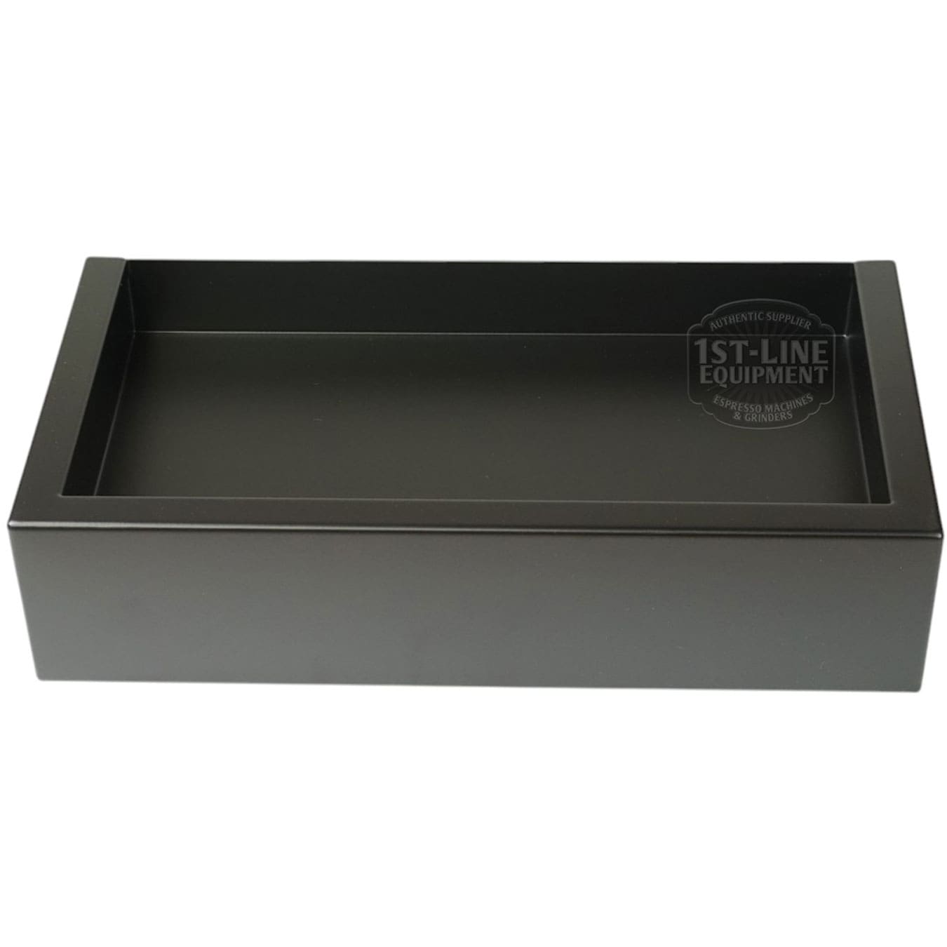 A Torre T02BAC001NO Peppina Matte Black Drip Tray T02 with high sides and an open top is displayed on a white background. The box bears a subtle circular watermark reading 1st-Line Equipment. © 2025 1st-line.com