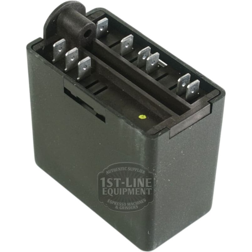 Black rectangular electrical relay with top metal prongs and a side cylindrical part, photographed on white. Compatible with ECM 110V Giotto Brain Unit GICAR 9.1.40.57G, with the 1st-Line Equipment logo watermark visible. © 2025 1st-line.com