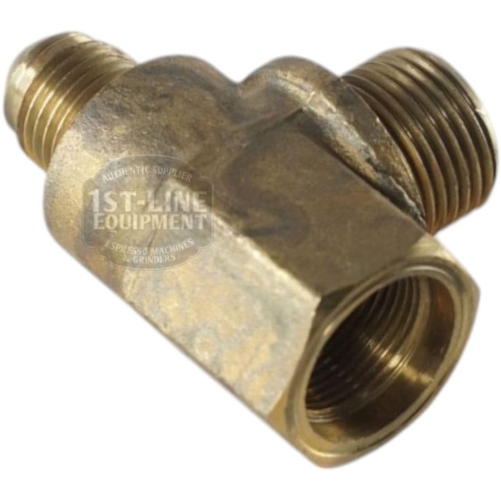 Brass pipe fitting with a hex body and three threaded ports, ideal for right-angle pipe connections—perfect for pairing with the F.1356 Modern Tap Body. © 2025 1st-line.com
