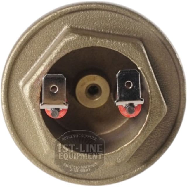 Close-up of a brass-colored Torre RESI0007 1100W 110V Steam Boiler Heating Element, showing two metal terminals and a central hole from the top view. The faint 1st-Line Equipment logo appears at the bottom. © 2025 1st-line.com