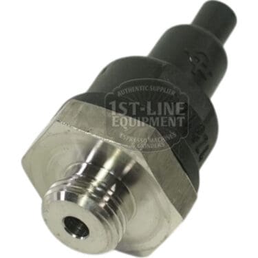 Close-up of a La Marzocco B.2.029 Antivacuum Vacuum Breaker Valve, featuring a metal and black plastic body with a threaded end; 1ST-LINE EQUIPMENT logo is visible. Used in espresso machines like La Marzocco. © 2025 1st-line.com