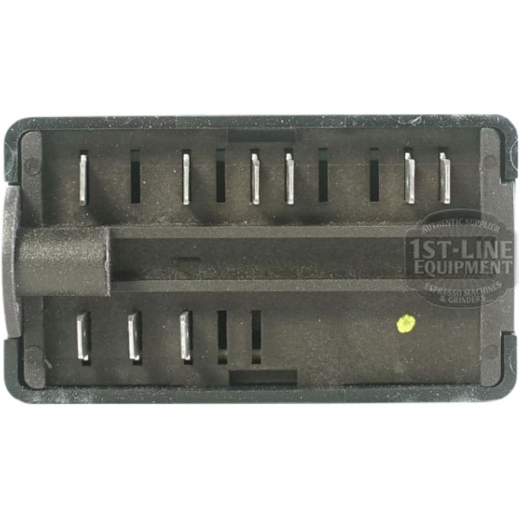 Close-up of a rectangular, black plastic electrical connector with multiple metal pins and slots, compatible with the ECM 110V Giotto Brain Unit GICAR 9.1.40.57G. The textured connector features a 1ST-LINE EQUIPMENT logo. © 2025 1st-line.com