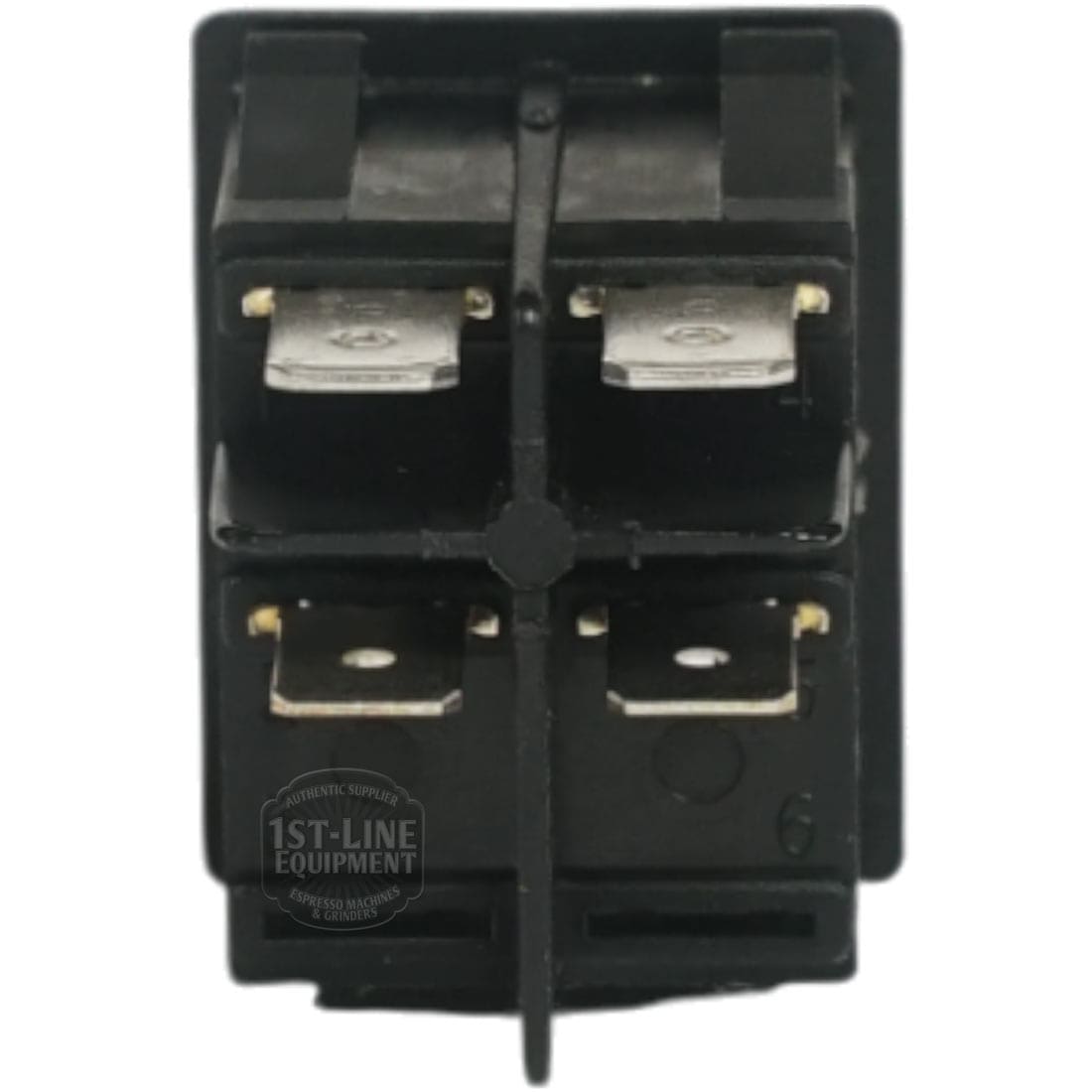 Close-up of the black rectangular Ponte Vecchio Power Switch 1050-I3616 with four metal prongs on the back; the 1st-Line Equipment logo is partially visible in the lower left corner. © 2025 1st-line.com