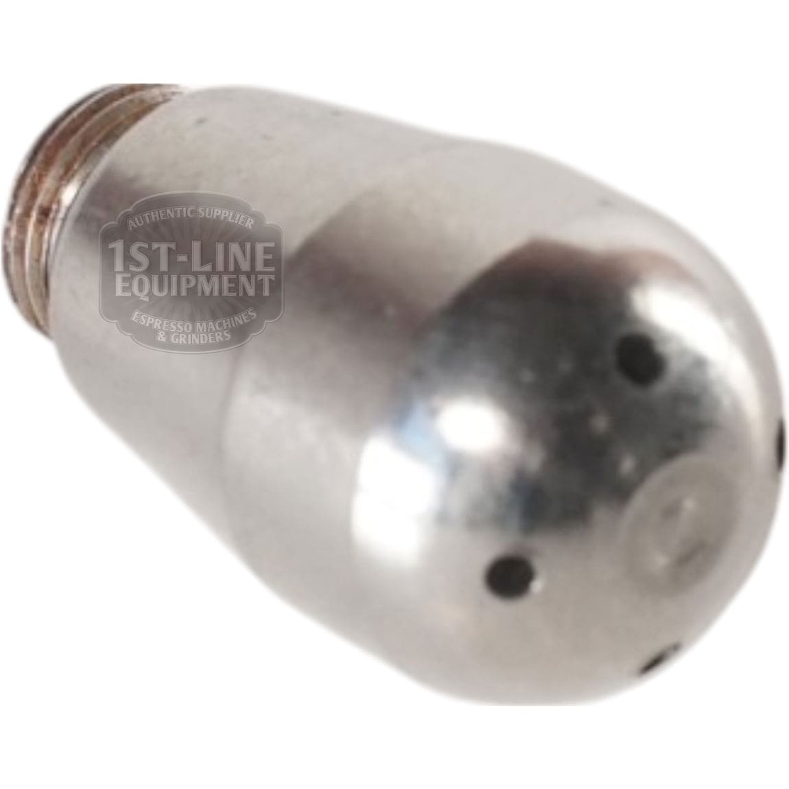 Close-up of the S..445 Steam Tip metal nozzle, featuring several small holes and a smooth, reflective surface with subtle branding—designed for precise steam or water spray in espresso machines. © 2025 1st-line.com