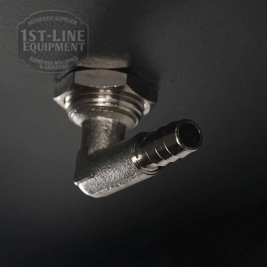 Close-up of the Torre KITT02BACNO Matte Black Drip Tray Kits metallic elbow pipe fitting on a dark surface, with the 1st-Line Equipment logo and Torre text in the background—ideal for upgrading your drip tray setup. © 2025 1st-line.com