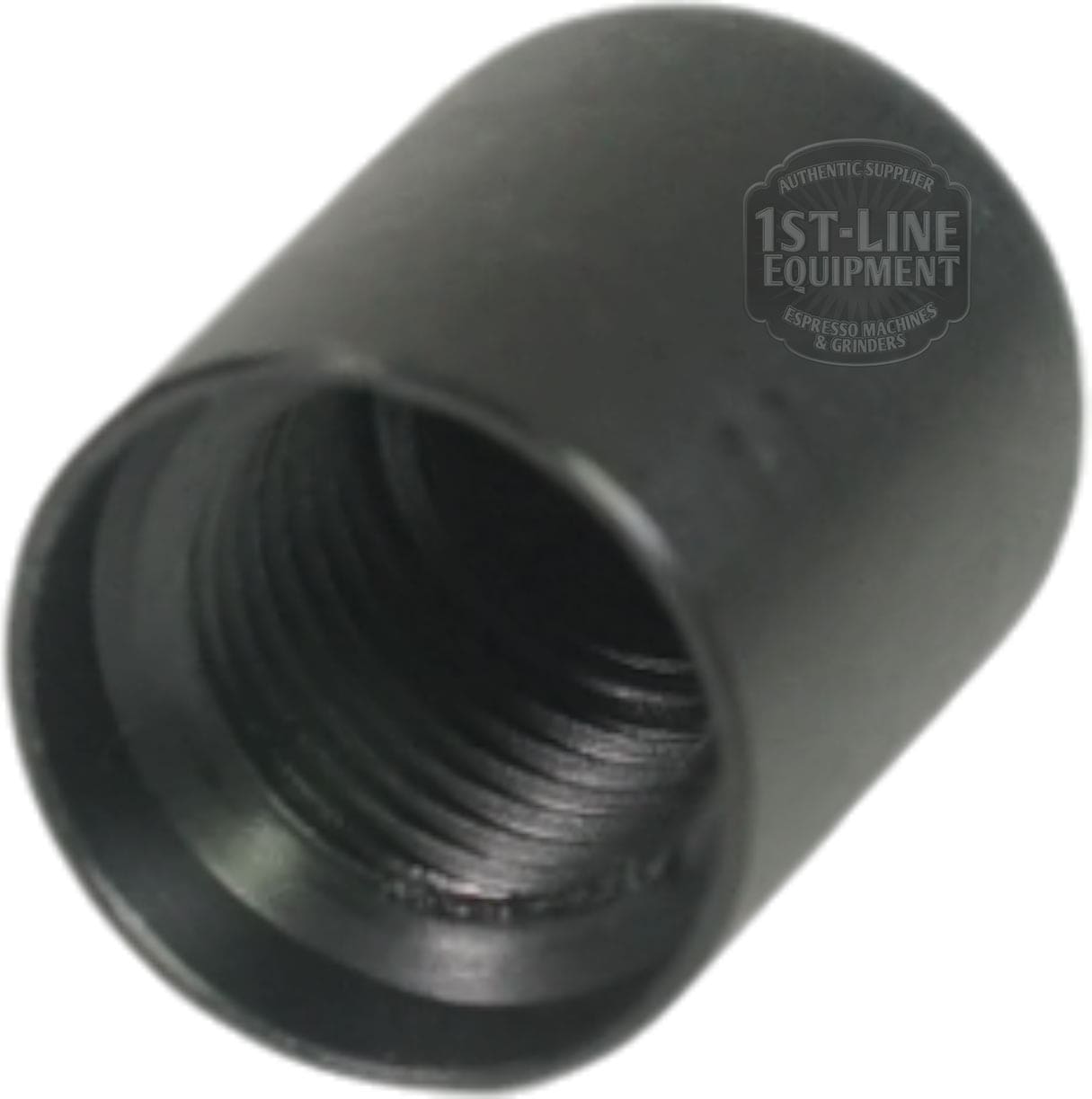Close-up of the V315K Cylindrical Peek Steam Stem, featuring a black cylindrical cap with internal 1/8F threads and a matte finish. The background shows a faint circular logo. The stem includes 4 holes of 1.5mm each. © 2025 1st-line.com