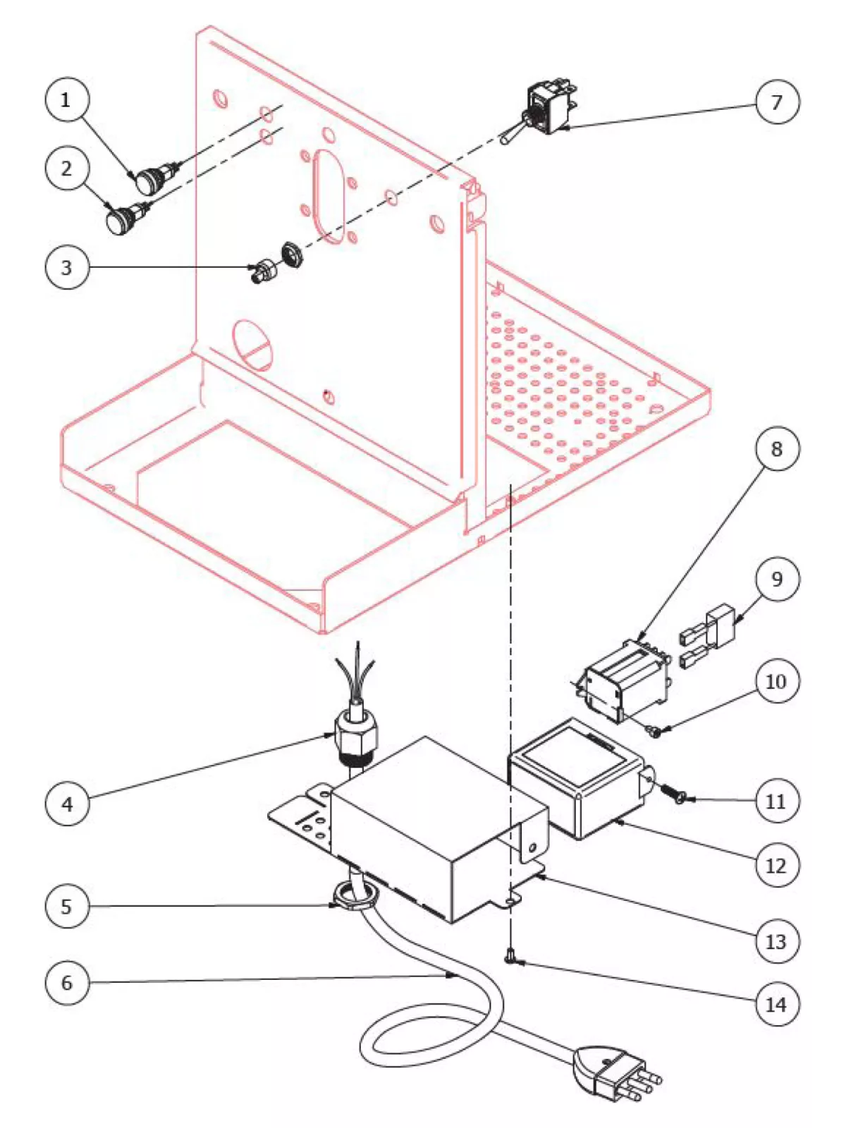 Exploded diagram of a Bezzera Strega S espresso machine assembly, showing numbered components including switches, screws, a panel, wires, circuit board, power cord, and connectors—lines indicate where each part fits in this parts diagram.