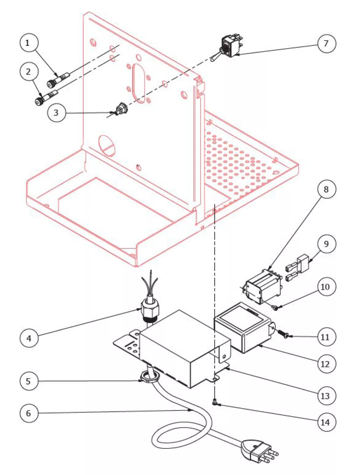 Exploded parts diagram of a Bezzera Strega S assembly with labeled components, including case, screws, power cord, switch, circuit board, fuse holder, terminal blocks, and plug. Each Bezzera Strega S part is numbered for identification.