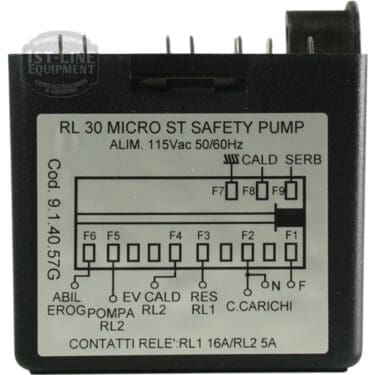 Front view of an ECM 110V Giotto Brain Unit GICAR 9.1.40.57G control module, showing its wiring diagram, relay contact ratings, connection points, and voltage specs on the label. © 2025 1st-line.com