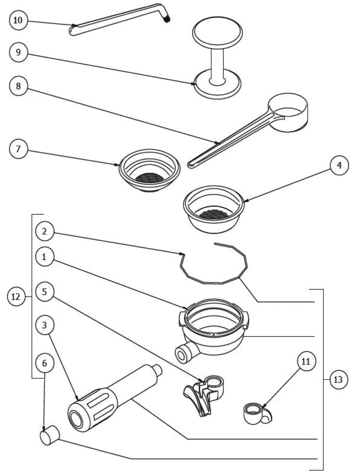 Line drawing Parts Diagram showing labeled parts of a Bezzera Strega espresso machine portafilter assembly and accessories, including a tamper, filters, measuring spoon, handle, spout, and other detachable components.