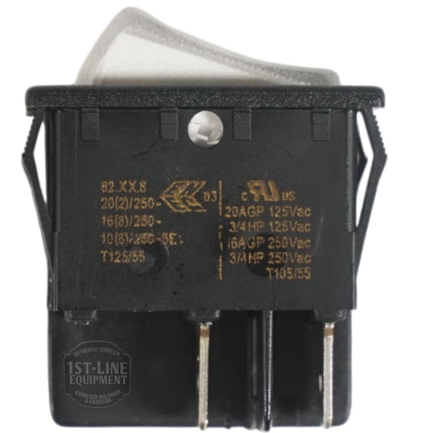 Ponte Vecchio Power Switch 1050-I3616: rectangular, black, with silver prongs, white markings, and yellow technical specs; branded Ponte Vecchio with a 1st-Line Equipment watermark on the bottom left. © 2025 1st-line.com