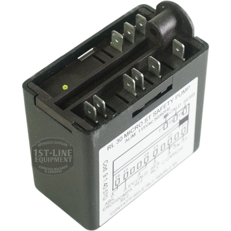 Rectangular black electrical safety relay with metal terminals and a side white label showing wiring diagrams. Compatible with ECM 110V Giotto Brain Unit GICAR 9.1.40.57G. Brand marking: 1st-Line Equipment. © 2025 1st-line.com