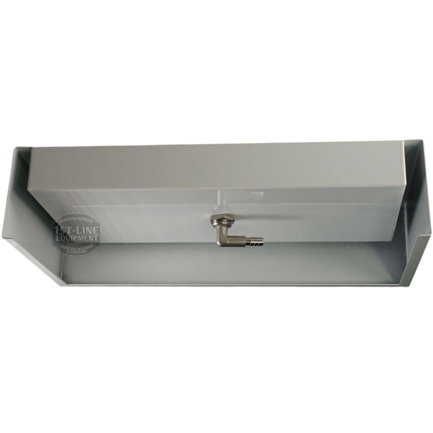 Rectangular white metal drip tray kit with angled sides, upper box section, and central drain fitting with hose connector. Designed for Torre KITT02BACBI systems; shown in silver from a top angle. © 2025 1st-line.com