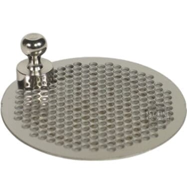 Round, perforated metal drain cover with a knob handle, used as a drip tray insert for catching spills; compatible with the V317K Puck Screen Diffuser by E&B Lab. © 2025 1st-line.com