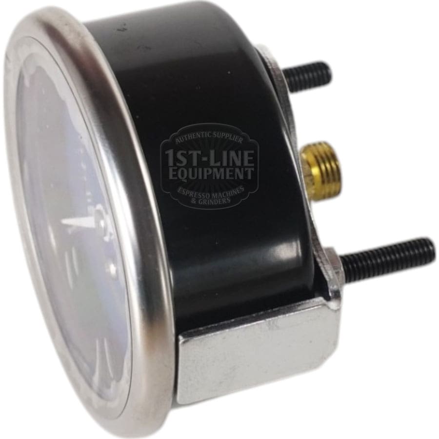 Side view of the Bellezza IN.064.039 Inizio Blue Pump Pressure Gauge featuring a metal rim, black body, clear face, two mounting bolts, and central brass connector—ideal for Inizio equipment installation. © 2025 1st-line.com