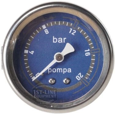 The Bellezza IN.064.039 Inizio Blue Pump Pressure Gauge features a blue face, 0–20 bar scale, and needle at 8. “Bar,” “pompa,” the Inizio logo, and a 1st-Line Equipment logo are printed in white on the gauge. © 2025 1st-line.com