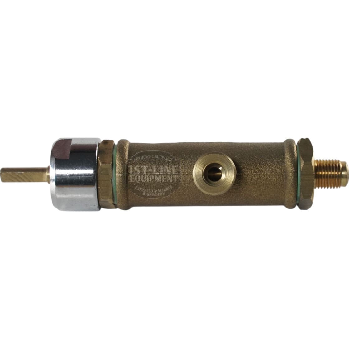 The BF.121 Complete Steam/Water Tap is a brass and metal valve with a cylindrical body, hexagonal nut on one end, threaded connector on the other, and a protruding rod for industrial or plumbing use. © 2025 1st-line.com