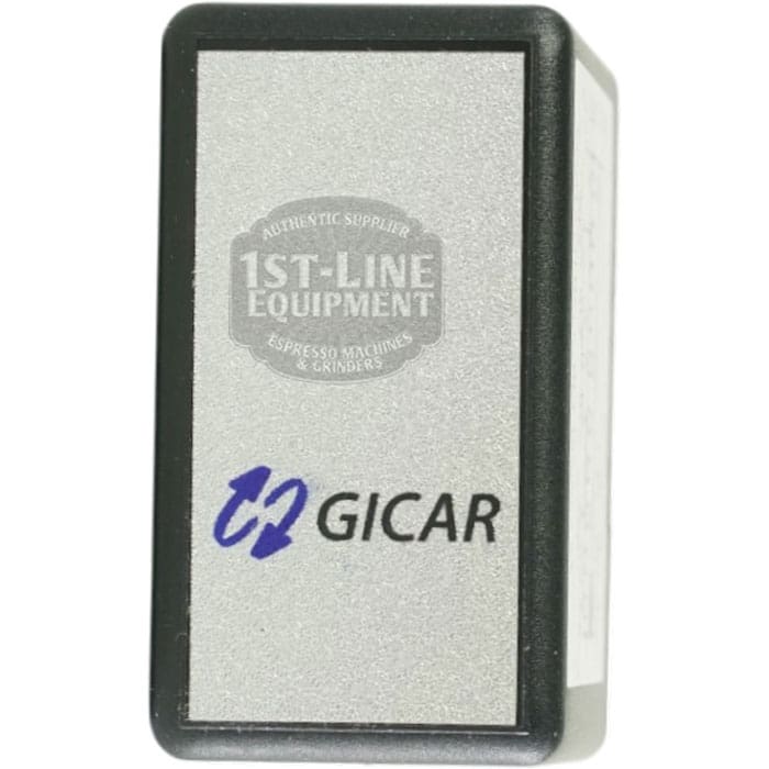 The ECM 110V Giotto Brain Unit GICAR 9.1.40.57G is a rectangular electronic component with a blue logo, gray face, black edges, and a 1st-Line Equipment authenticity seal, designed for ECM machines. © 2025 1st-line.com