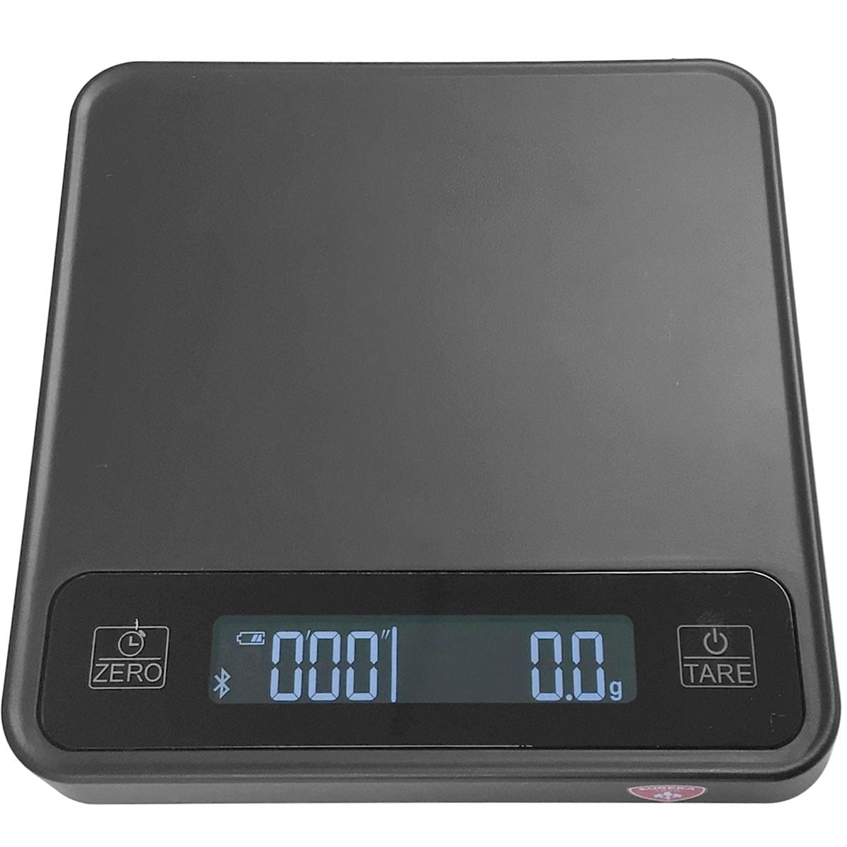 The Eureka Precisa Bluetooth Digital Scale features a black surface, illuminated display reading 000.1 grams, and ZERO and TARE buttons beside the display for precise measurements. © 2025 1st-line.com