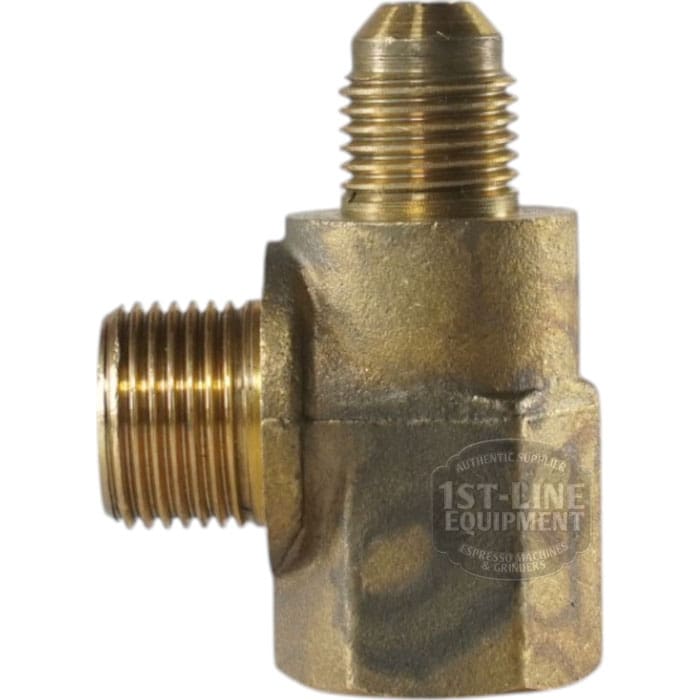 The F.1356 Modern Tap Body is a brass pipe fitting with three right-angle threaded connectors and visible threading for secure installation in plumbing or industrial setups. © 2025 1st-line.com