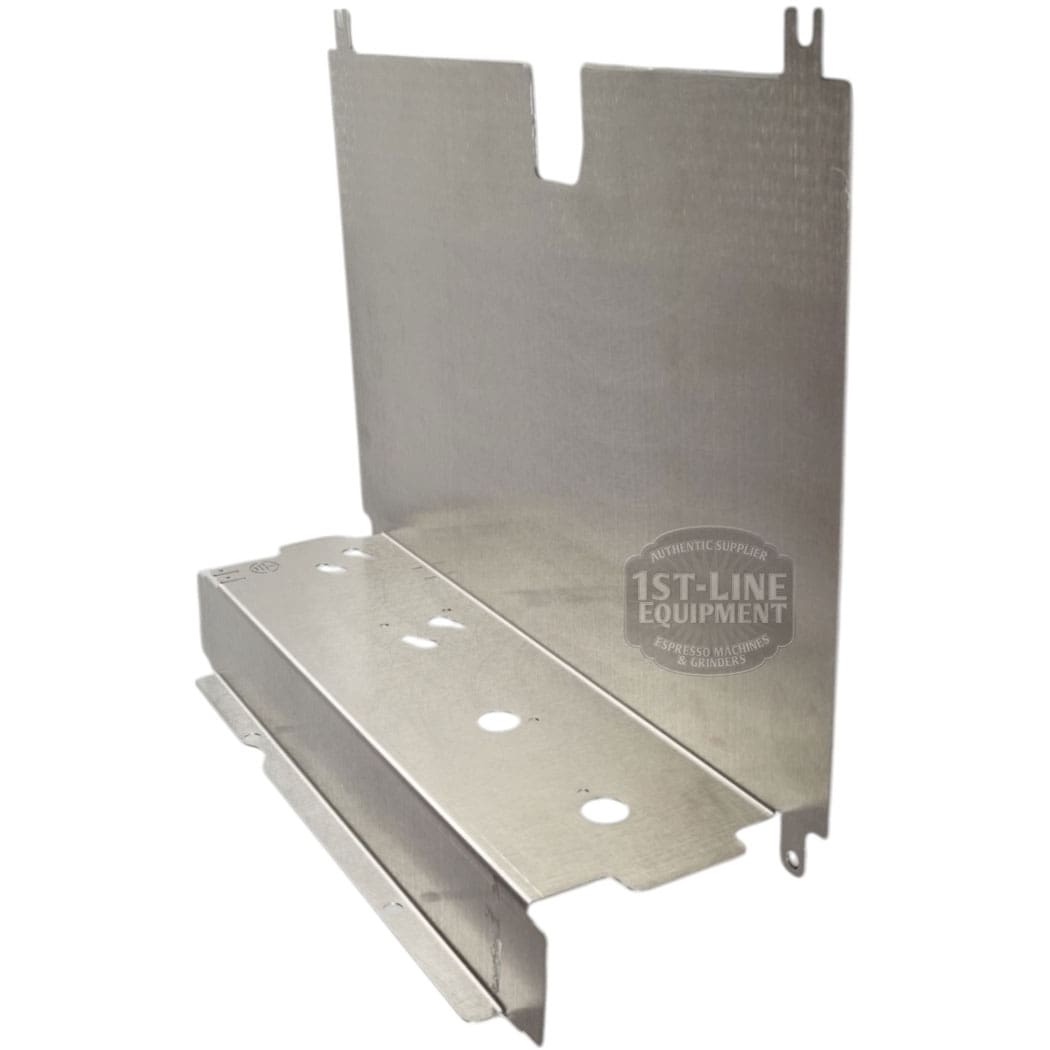 The Lelit 1400140 Elizabeth Lower Front Panel is a stainless steel panel with multiple holes, cutouts, hooks, and tabs. The 1st-Line Equipment logo appears on the angled front, designed for use with Elizabeth machines. © 2025 1st-line.com
