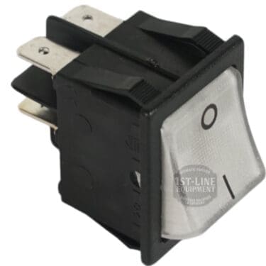 The Ponte Vecchio Power Switch 1050-I3616 is black and rectangular with a white on/off button displaying a power symbol and clear (|) on/(O) off markings. It features metal prongs for electrical connections. © 2025 1st-line.com