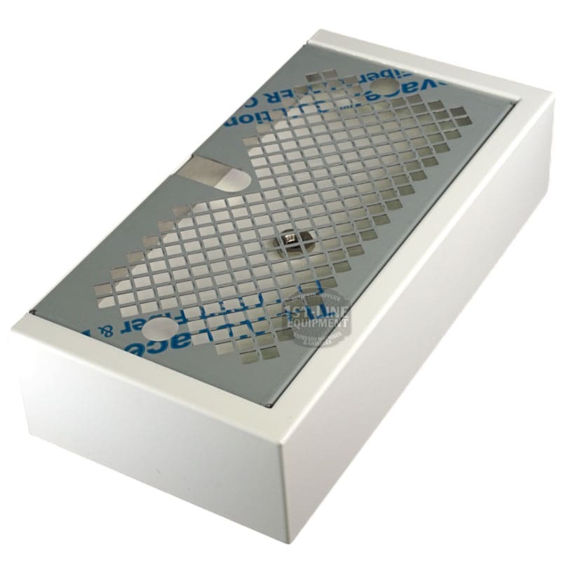 The Torre KITT02BACBI White Drip Tray Kit is a rectangular tray with a grid-patterned metal cover, protective blue film partially removed, revealing vents and a circular sensor or button beneath. © 2025 1st-line.com