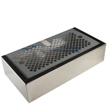 The Torre KITT02BACIL Stainless Steel Drip Tray Kit is a rectangular counter knock box with a perforated metal top, designed for convenient disposal of coffee grounds from espresso machines. © 2025 1st-line.com