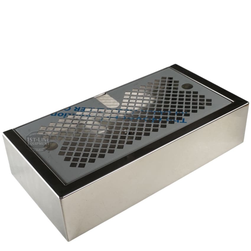 The Torre KITT02BACIL Stainless Steel Drip Tray Kit is a rectangular counter knock box with a perforated metal top, designed for convenient disposal of coffee grounds from espresso machines. © 2025 1st-line.com