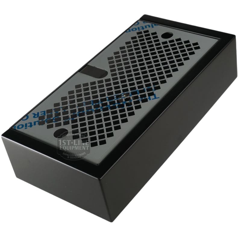 The Torre KITT02BACNO Matte Black Drip Tray Kit features a rectangular drip tray with a perforated metal top, diamond-shaped grid, and two round holes—perfect for ventilation or drainage. © 2025 1st-line.com