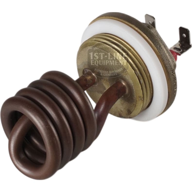 The Torre RESI0007 1100W 110V Steam Boiler Heating Element features a coiled tube, threaded base with white gasket, and two electrical connectors, making it ideal for espresso machines and ensuring reliable performance. © 2025 1st-line.com