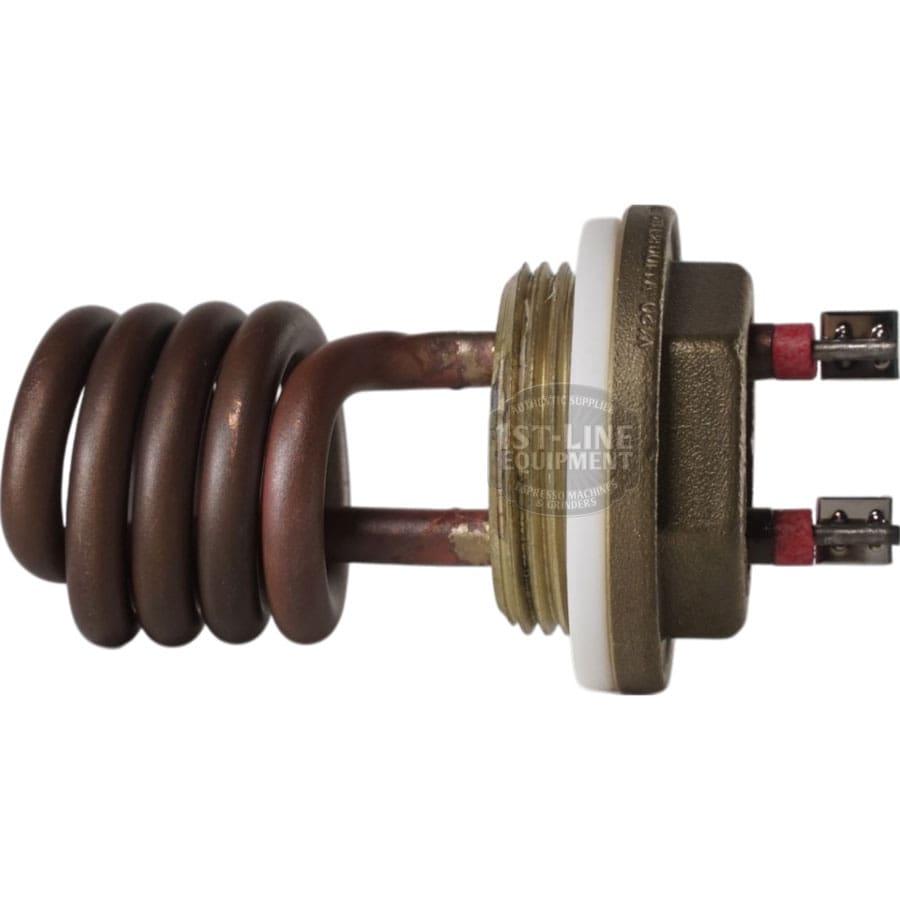 The Torre RESI0007 1100W 110V Steam Boiler Heating Element features a metal coil, brass threaded base, white insulating ring, and two electrical connectors—ideal for steam boilers. Isolated on a white background. © 2025 1st-line.com