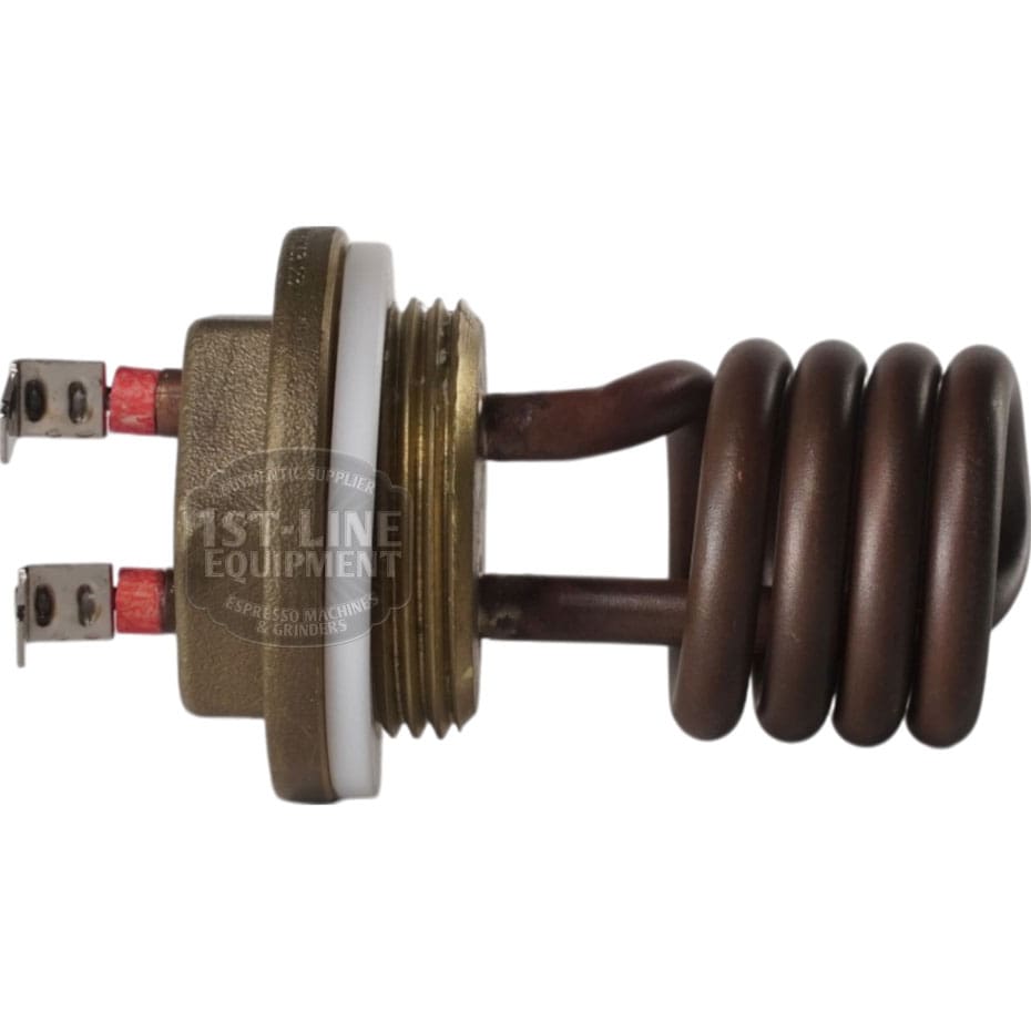 The Torre RESI0007 1100W 110V Steam Boiler Heating Element, featuring a coiled metal design with a threaded brass base and two electrical connectors for espresso machines, is shown against a white background. © 2025 1st-line.com