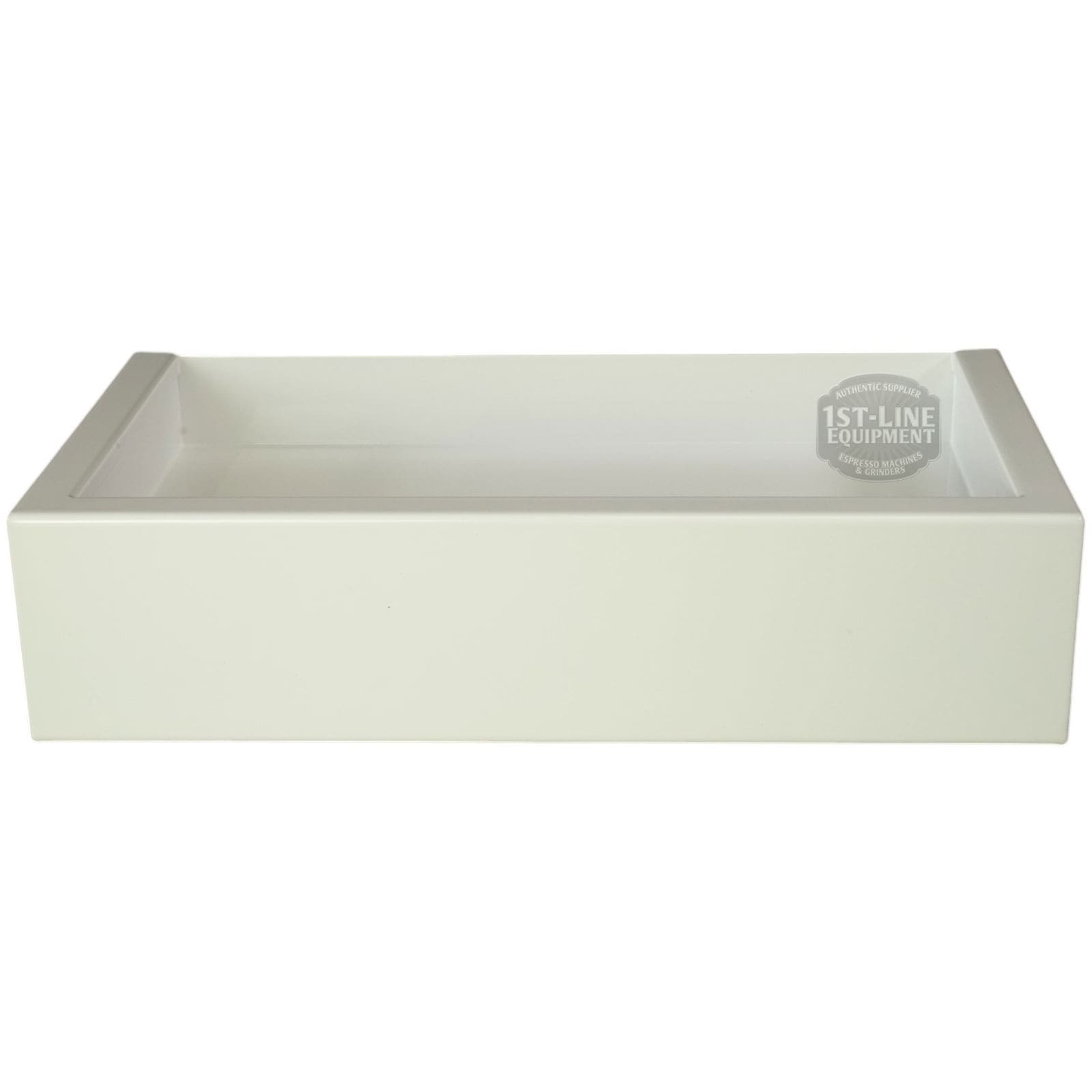The Torre T02BAC001B Peppina Shiny White Drip Tray is a rectangular, glossy white tray with raised edges and a 1st-Line Equipment logo in the top right—ideal for your Peppina setup. © 2025 1st-line.com
