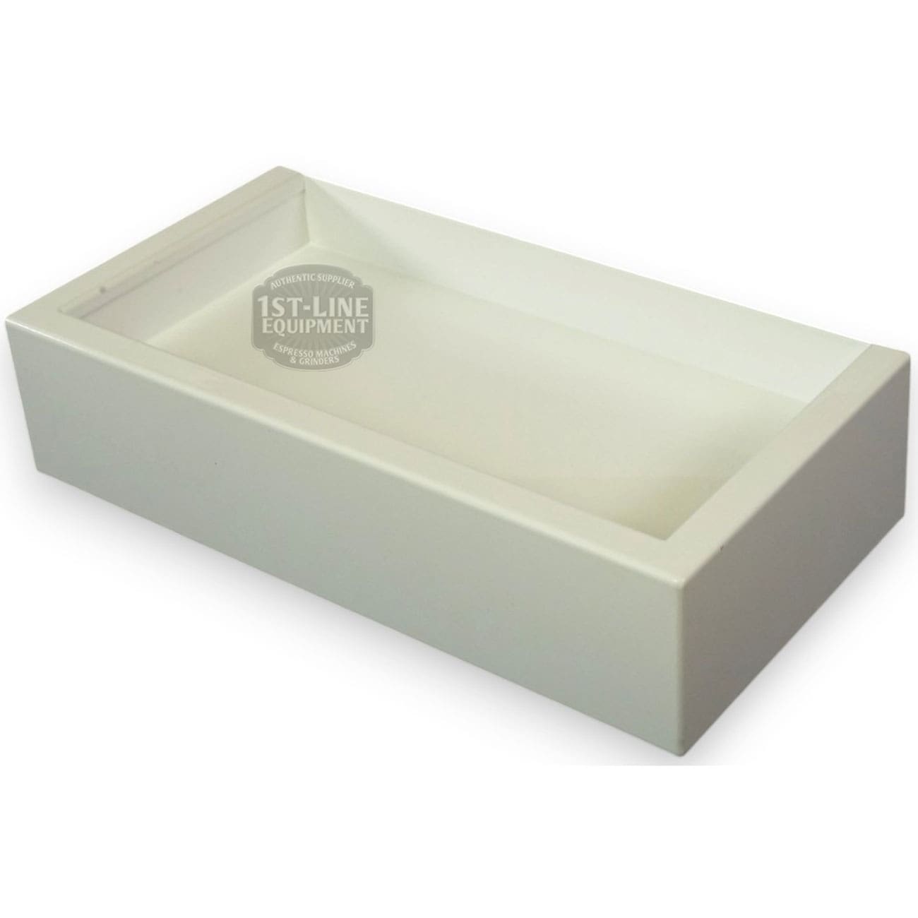 The Torre T02BAC001B Peppina Shiny White Drip Tray, rectangular with raised edges, is shown clean and empty on a plain background. © 2025 1st-line.com