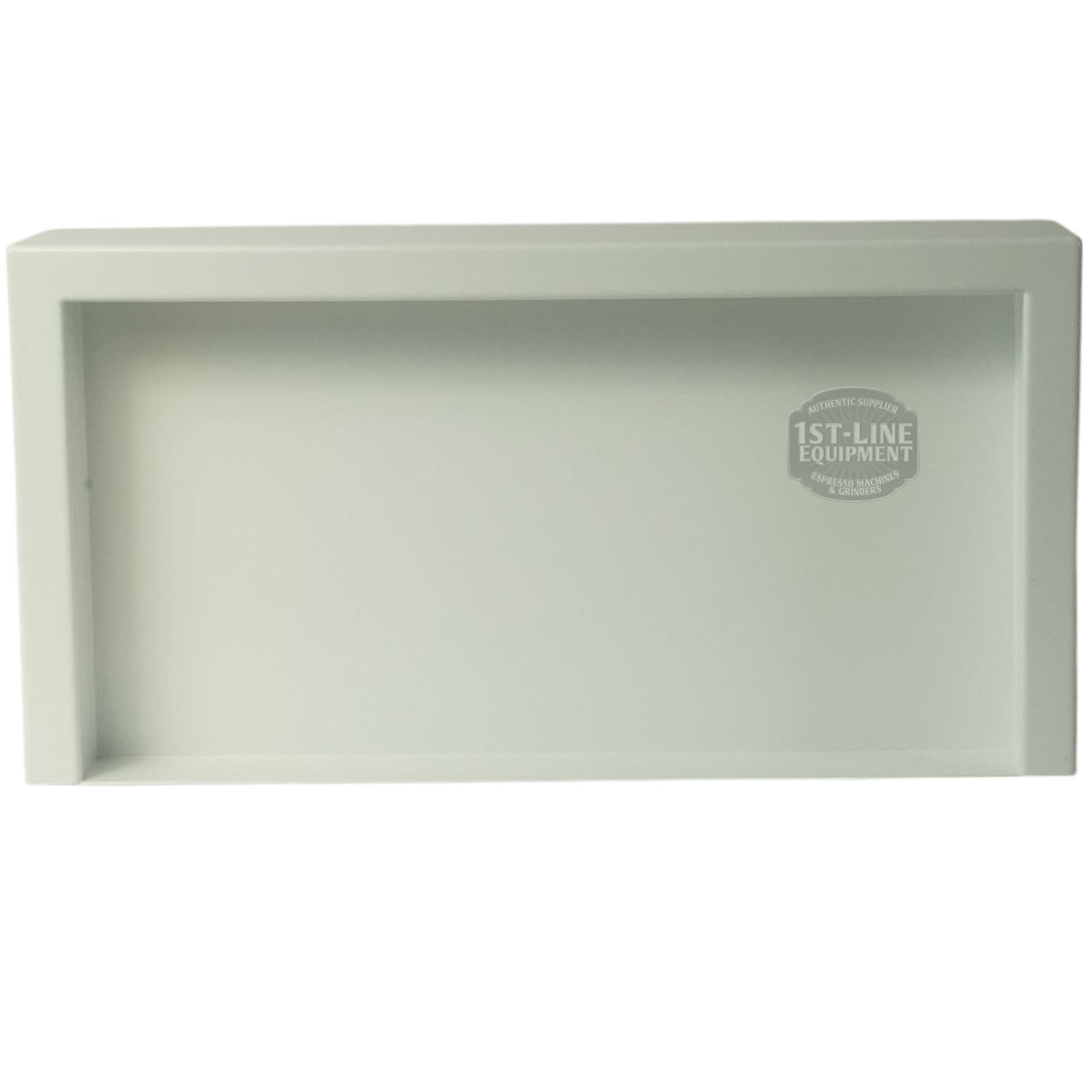 The Torre T02BAC001BS Peppina Matte White Drip Tray T02 is a rectangular plastic tray with slightly raised edges and a 1st-Line Equipment logo on the inside right edge, designed for use with Torre T02BAC001BS machines. © 2025 1st-line.com