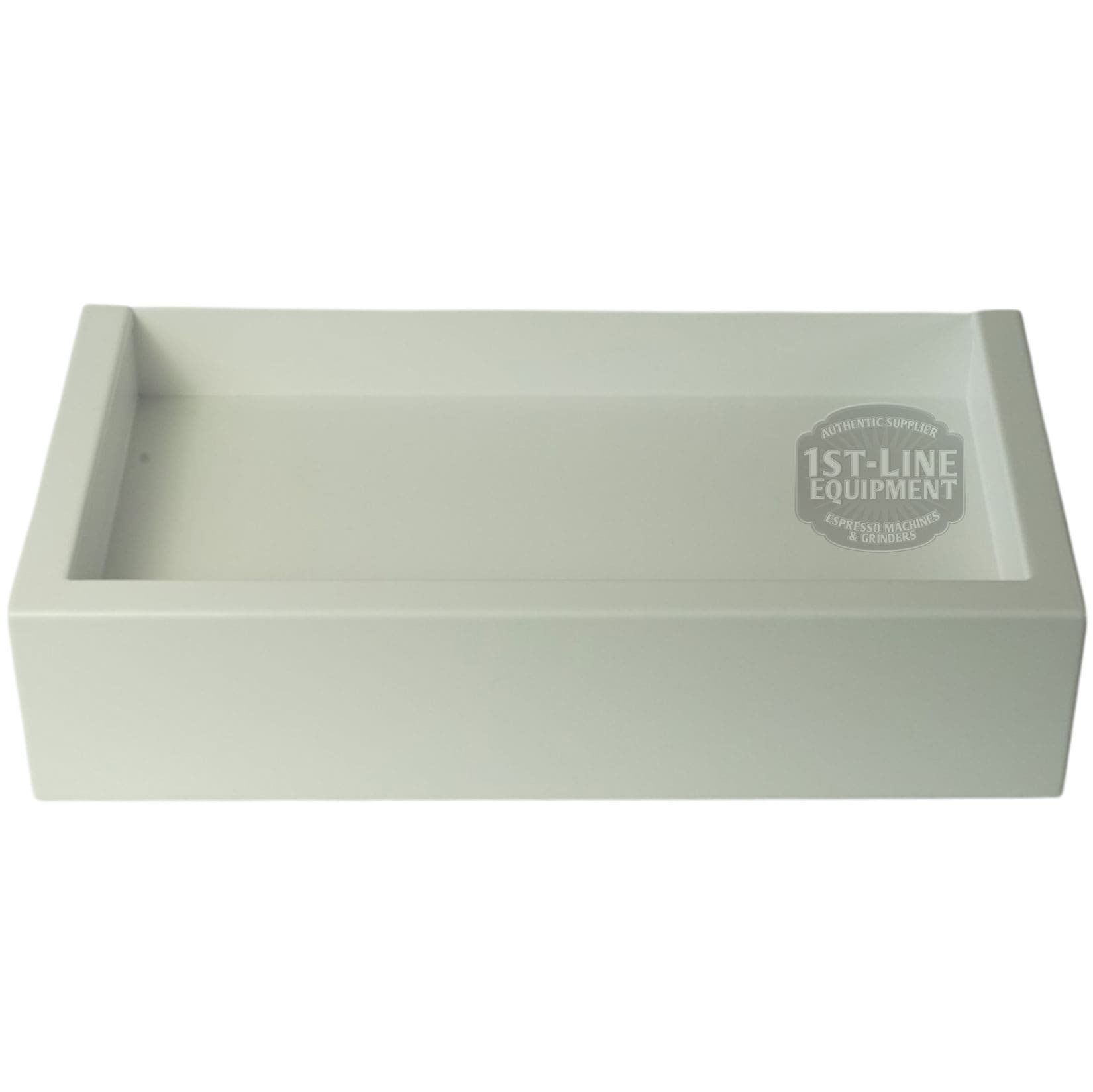The Torre T02BAC001BS Peppina Matte White Drip Tray T02 is rectangular with raised edges and features a circular 1st-Line Equipment logo inside. Shown empty against a white background. © 2025 1st-line.com