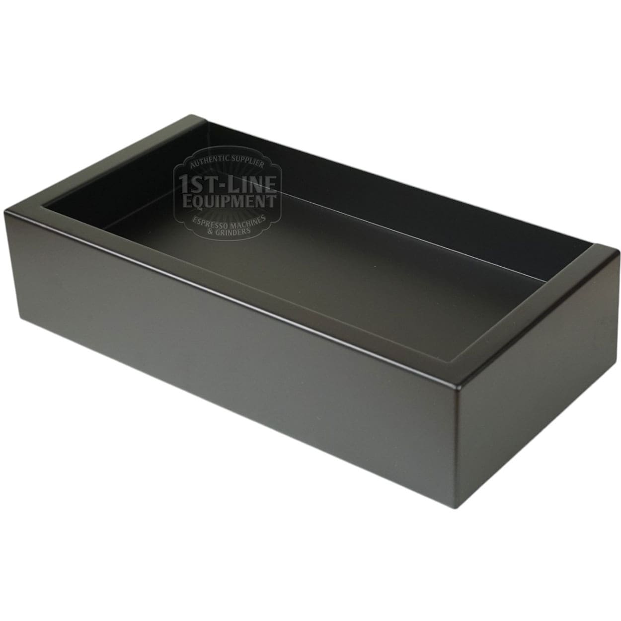 The Torre T02BAC001NO Peppina Matte Black Drip Tray T02, shown on a white background, offers a sleek rectangular design ideal for catching espresso grounds and making the perfect companion to your coffee setup. © 2025 1st-line.com