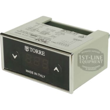 The Torre TERM11001 Thermostat PID 110-120V features a rectangular digital display with three-digit LED, black front panel, metallic edges, MADE IN ITALY text, and a 1st-Line Equipment watermark on the right. © 2025 1st-line.com