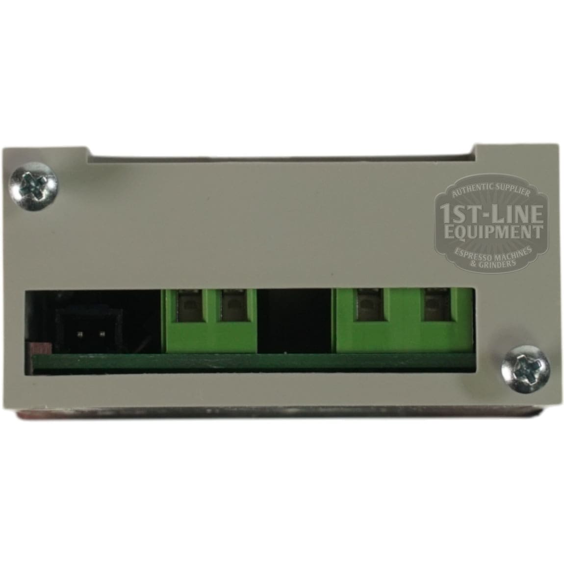 The Torre TERM11001 Thermostat PID 110-120V is a rectangular electronic device with a gray case, two corner screws, and green and black terminal connectors on one side. The faint 1st-Line Equipment logo appears on the top right. © 2025 1st-line.com
