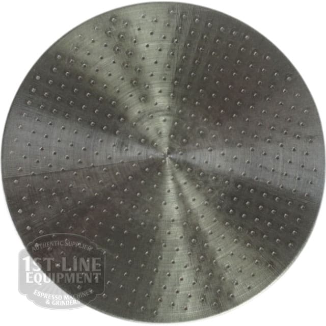 The V313K Stainless Steel Screen for ESE Pod Portafilter features a round, brushed finish with precisely spaced small holes and the 1st-Line Equipment logo in the lower left, ensuring optimal extraction every time. © 2025 1st-line.com