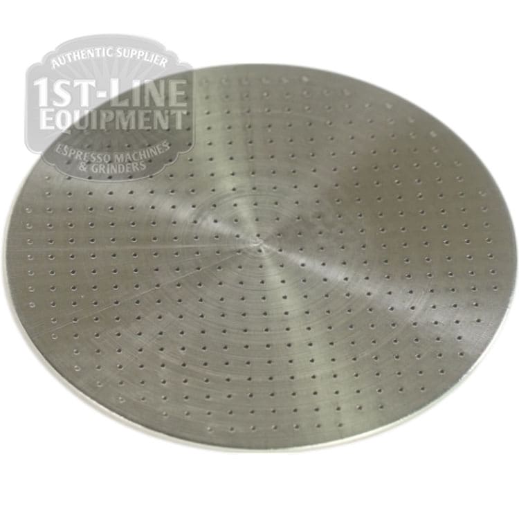 The V313K Stainless Steel Screen for ESE Pod Portafilter is a round, flat filter with many small holes in concentric circles. The 1st-Line Equipment logo appears partially visible in the top left corner. © 2025 1st-line.com