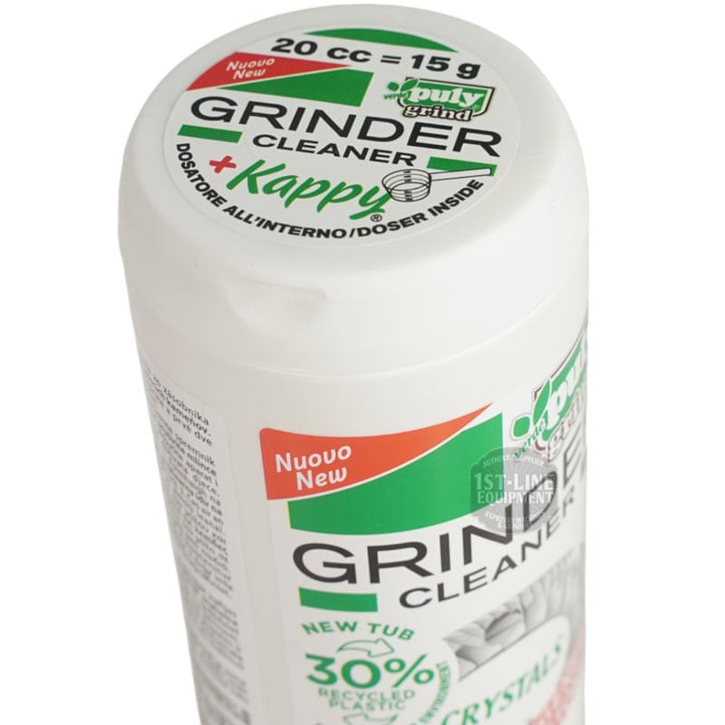 The V314K Puly Grind Crystals Grinder Cleaner 405g comes in a white container with green text, red “Nuovo New” labels, dosage info on the lid, 30% recycled plastic, an internal dosing scoop, and is compatible with Puly Grind Crystals. © 2025 1st-line.com